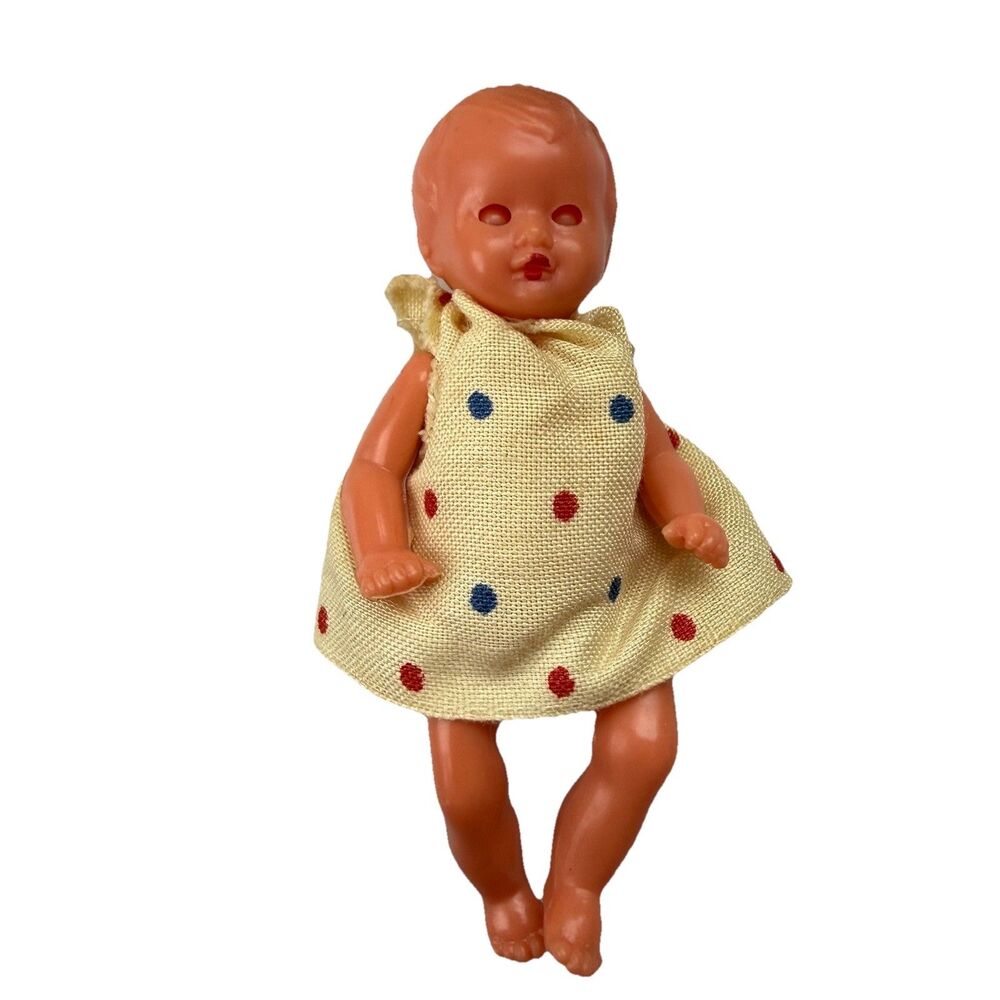 Vintage German Celluloid Baby Doll Miniature Jointed w Sleep Eyes Signed ES 3”